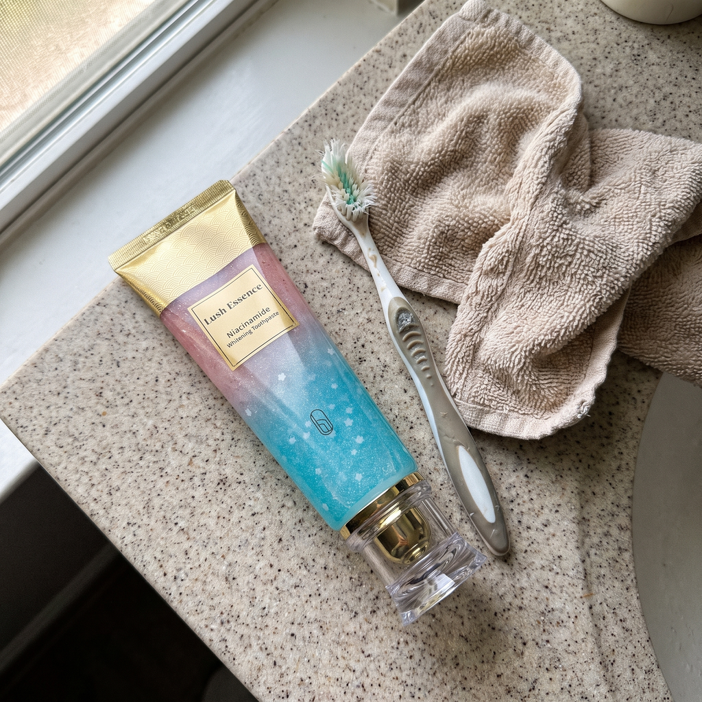 Toothpaste tube and toothbrush on a bathroom counter