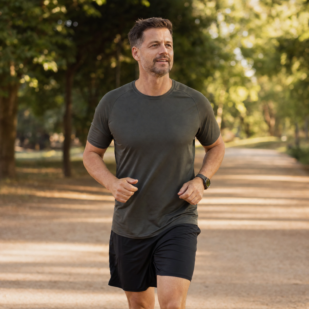 Man in his forties jogging on a tree-lined park path