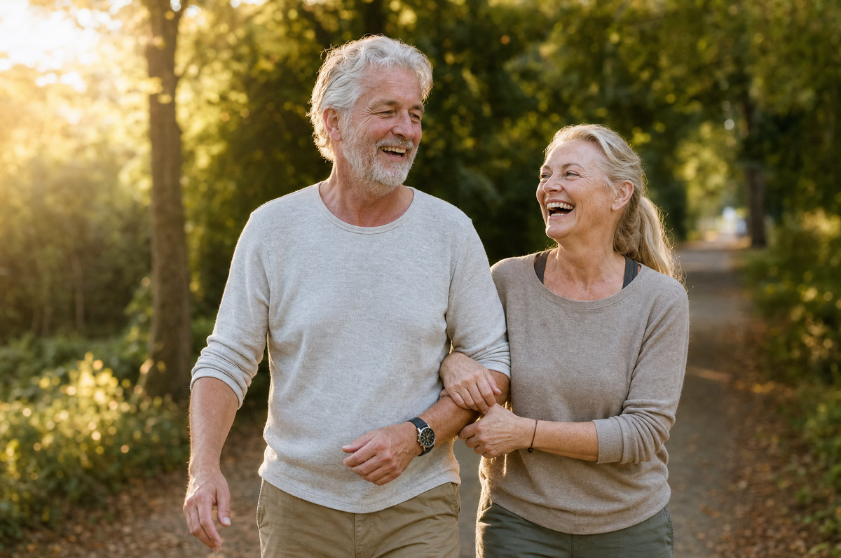 Smiling older couple walking arm in arm on a sunny forest path
