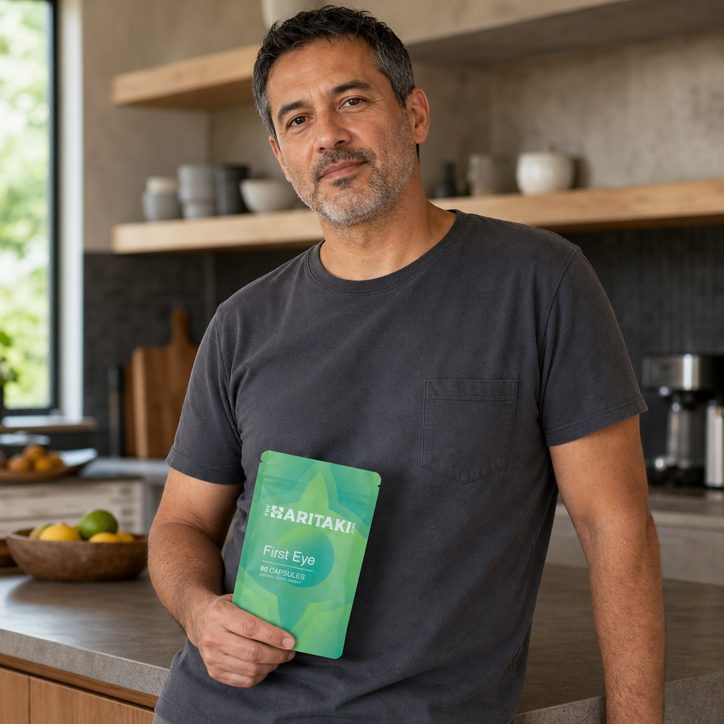 Man holding the pouch of capsules in his kitchen