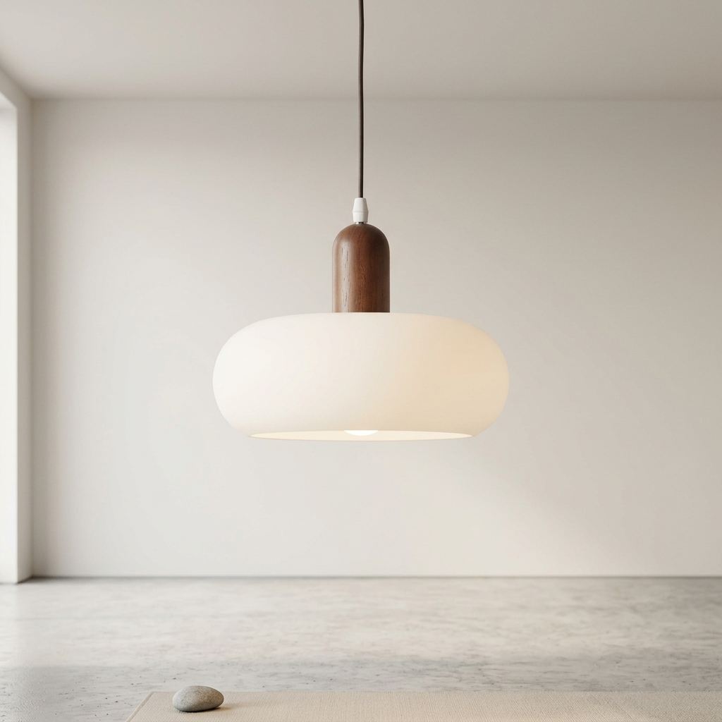 Candeeiro suspenso em madeira e vidro — design escandinavo com LED quente