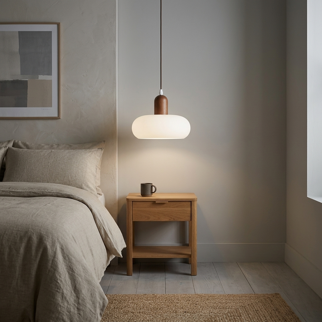 Candeeiro suspenso em madeira e vidro — design escandinavo com LED quente