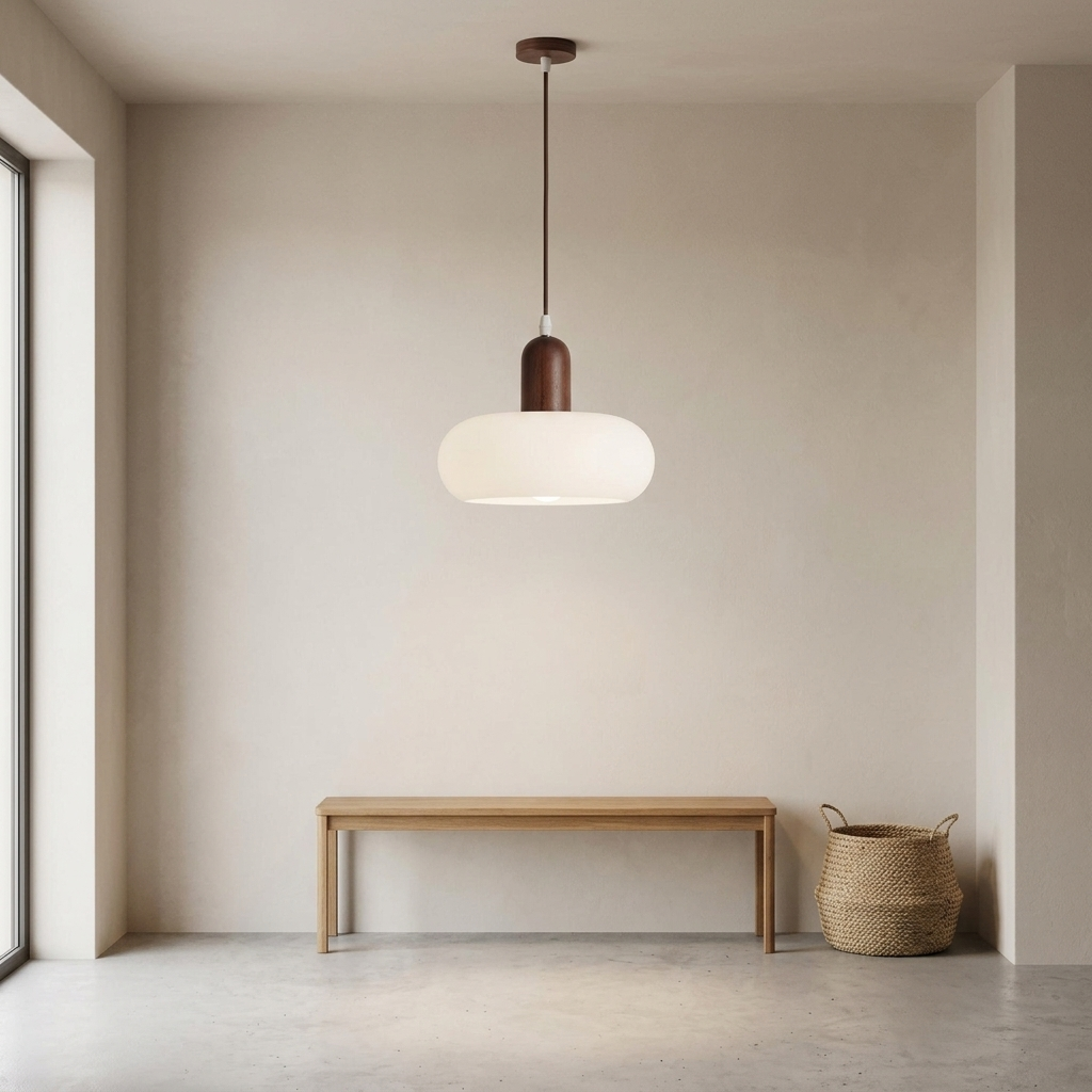 Candeeiro suspenso em madeira e vidro — design escandinavo com LED quente