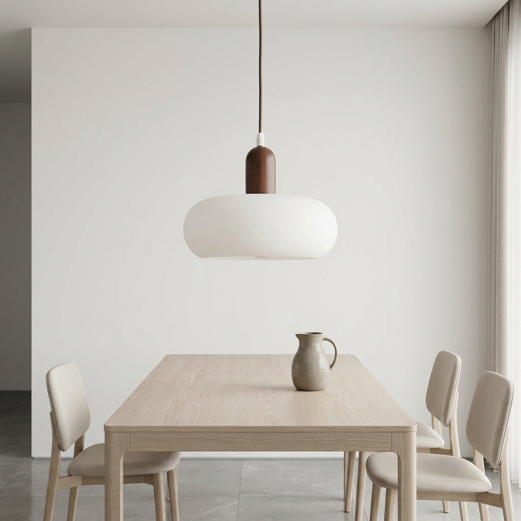 Candeeiro suspenso em madeira e vidro — design escandinavo com LED quente