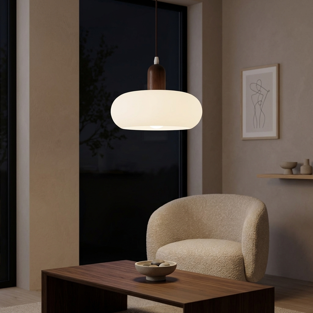 Candeeiro suspenso em madeira e vidro — design escandinavo com LED quente