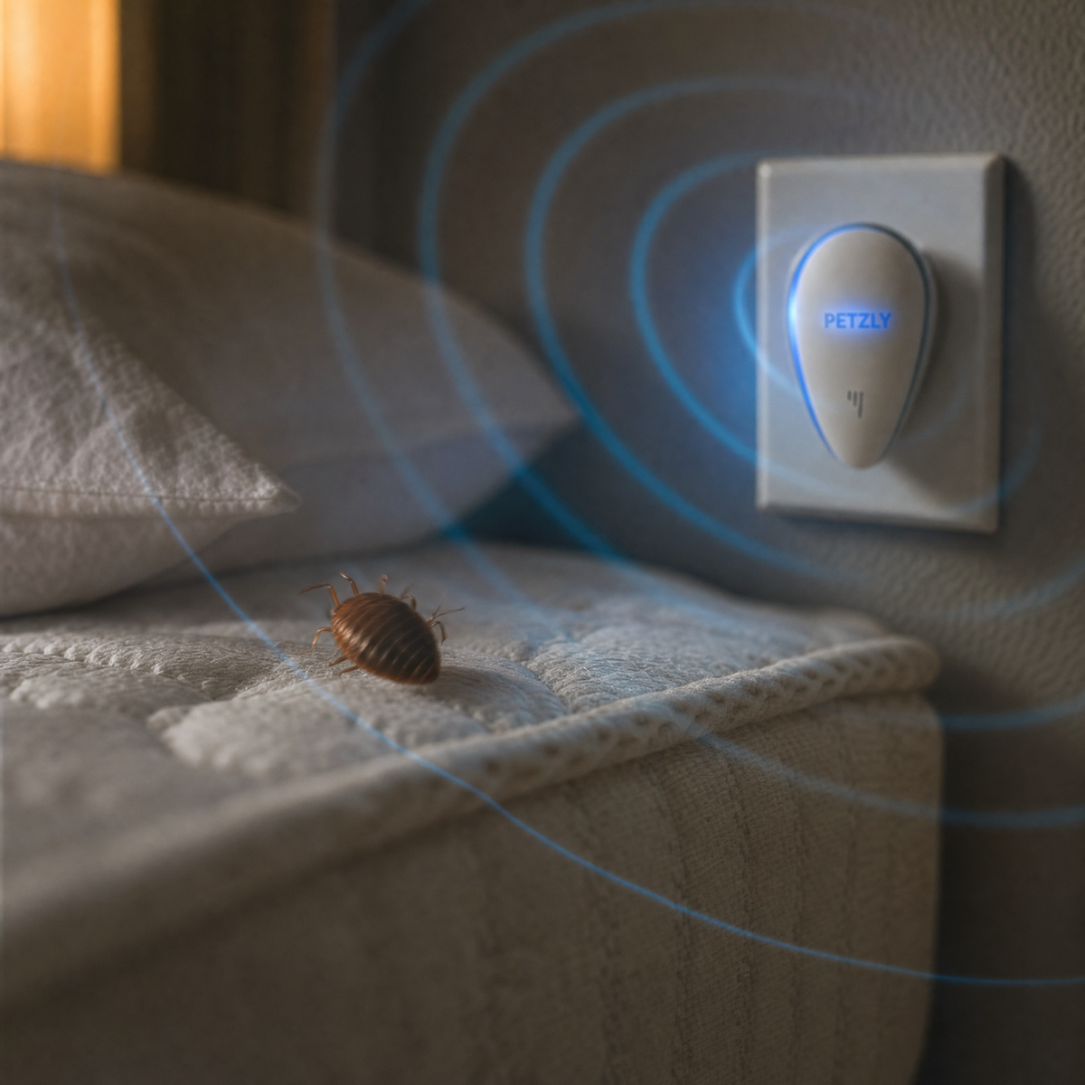 Plug-in pest repeller next to a bed