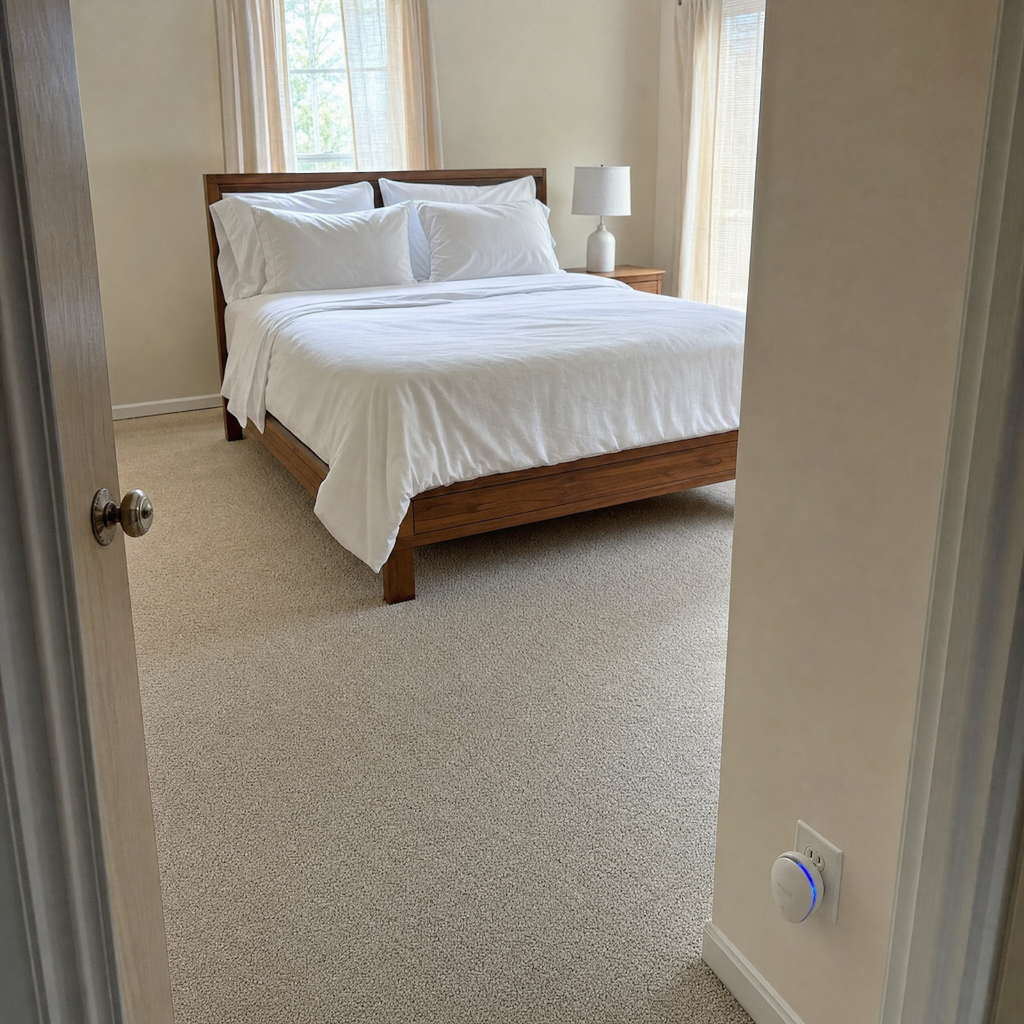 Tidy, calm bedroom with the repeller in a socket by the door