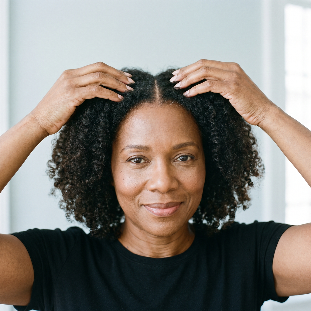 Woman parting her curly hair with both hands