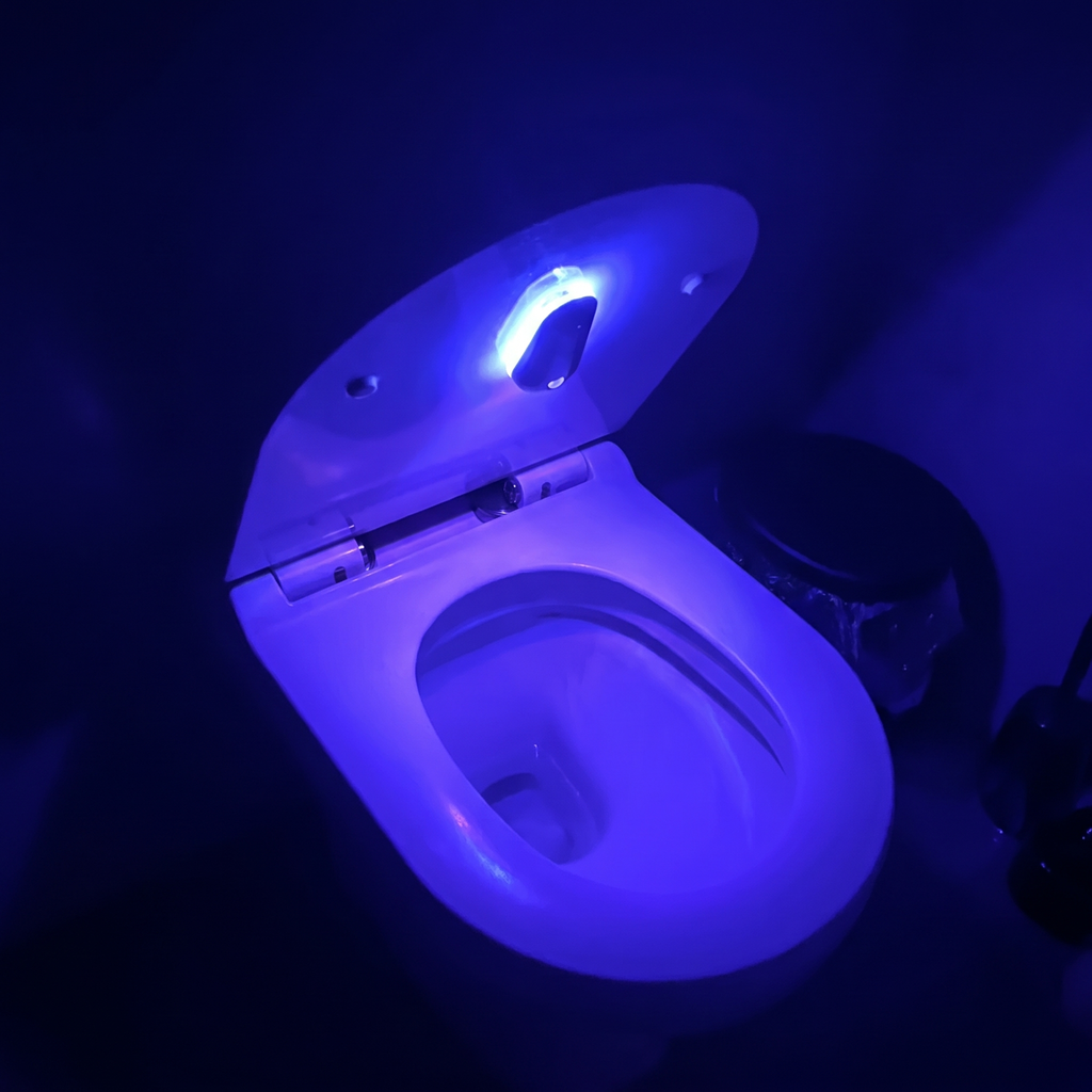 Blue UV-C light glowing inside a closed toilet bowl