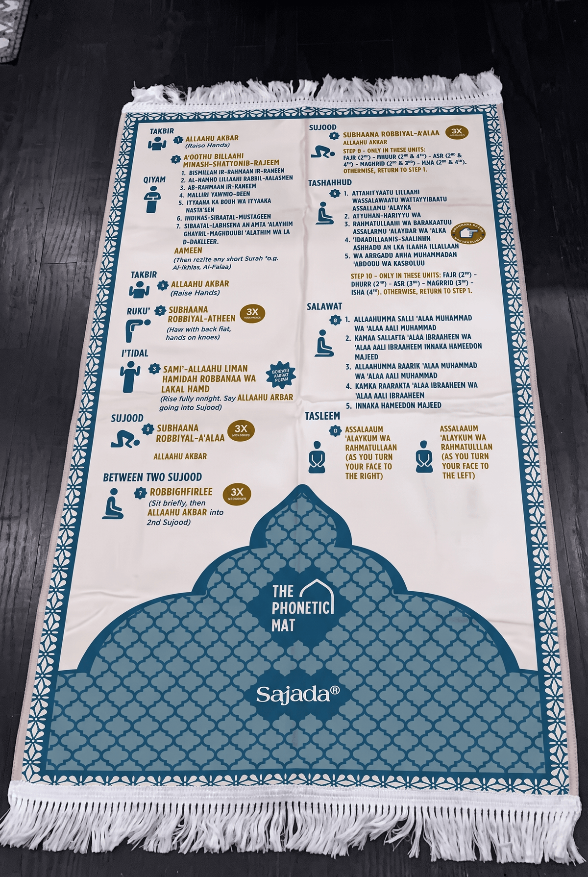 The phonetic prayer mat laid flat on a dark floor