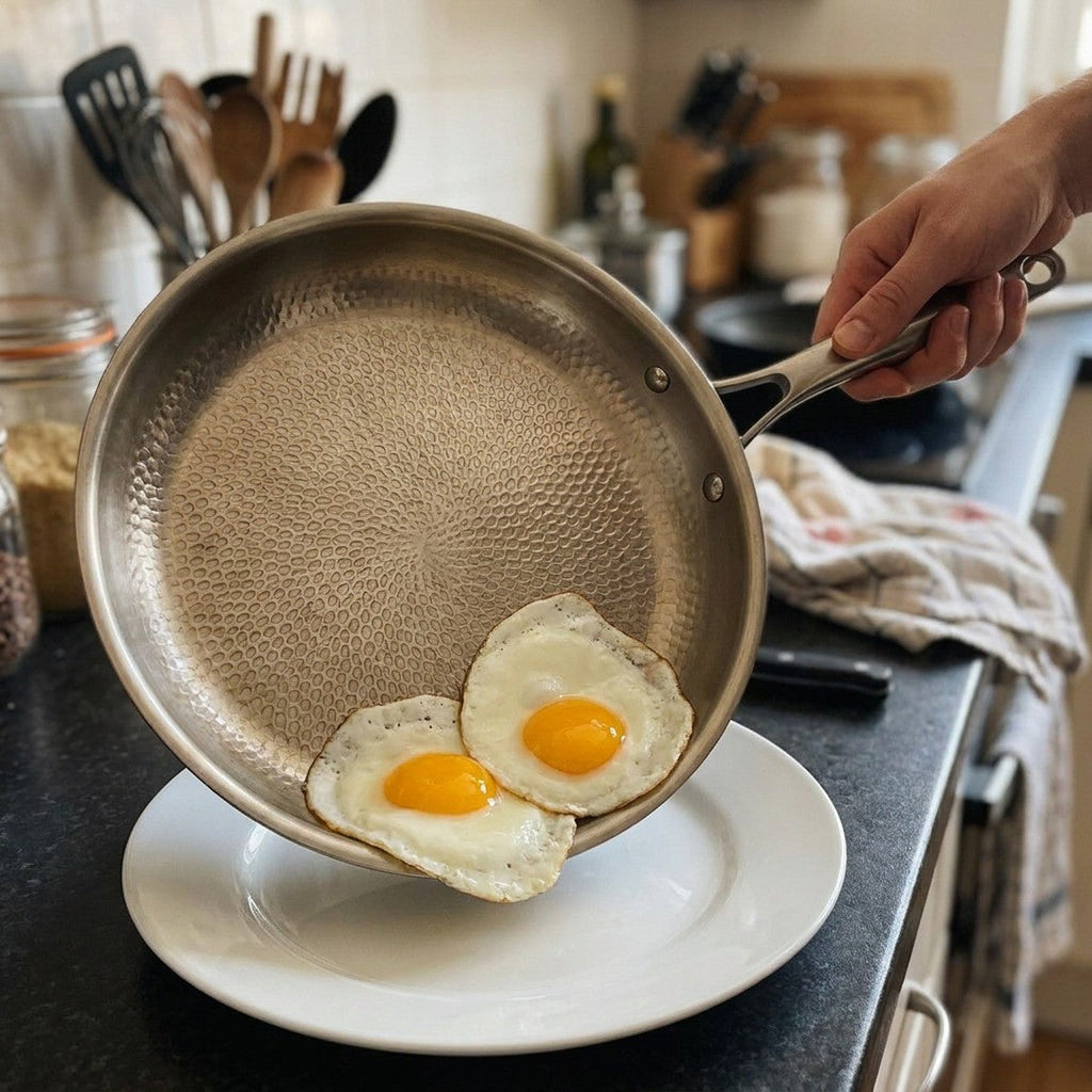 Two fried eggs sliding from the pan onto a plate