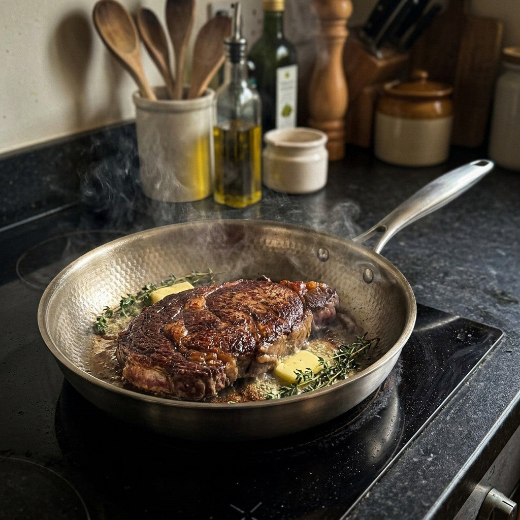 Steak with herbs and butter searing in a hammered titanium pan on the hob