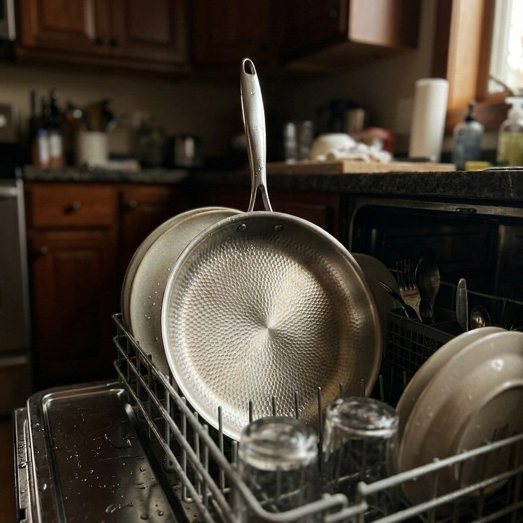Titanium pans in a dishwasher rack
