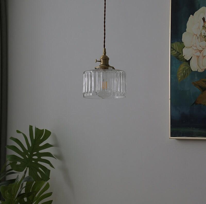 Ribbet glass kort sylinder hengelampe med LED-lys i gammeldags stil - lyspære inkludert