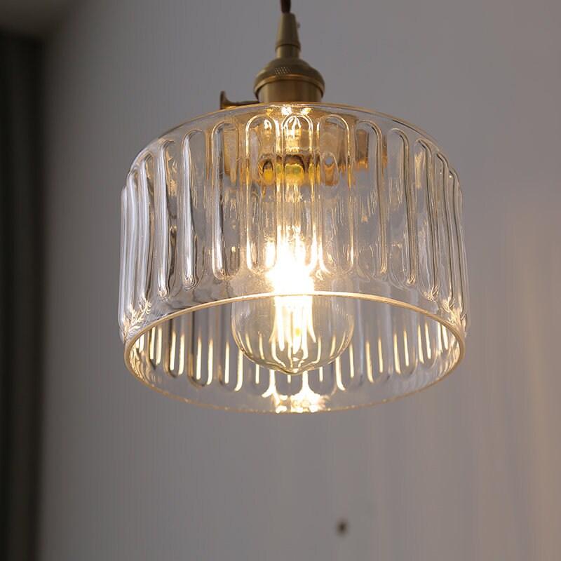 Ribbet glass kort sylinder hengelampe med LED-lys i gammeldags stil - lyspære inkludert