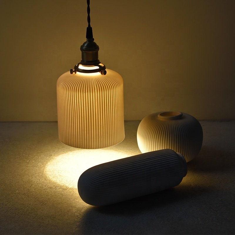 Lampu Gantung LED Seramik Beralur Bentuk Silinder Panjang Jepun - Mentol Termasuk