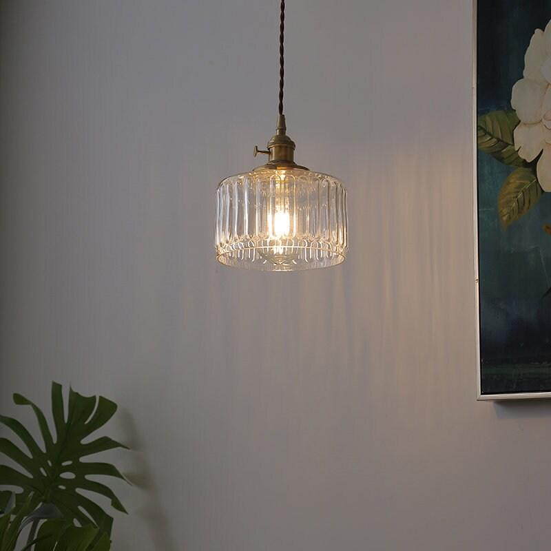 Ribbet glass kort sylinder hengelampe med LED-lys i gammeldags stil - lyspære inkludert
