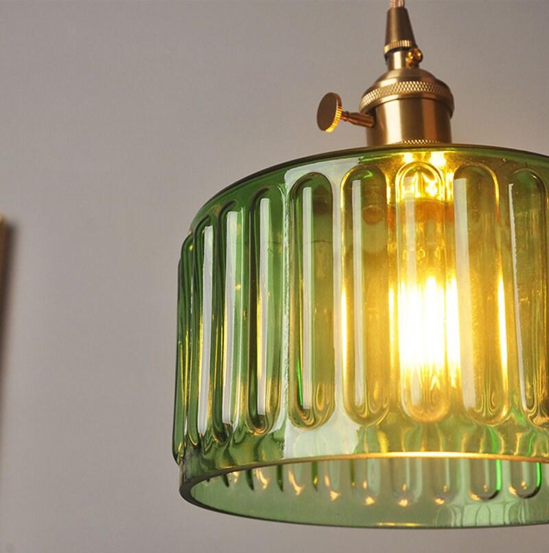 Ribbet glass kort sylinder hengelampe med LED-lys i gammeldags stil - lyspære inkludert