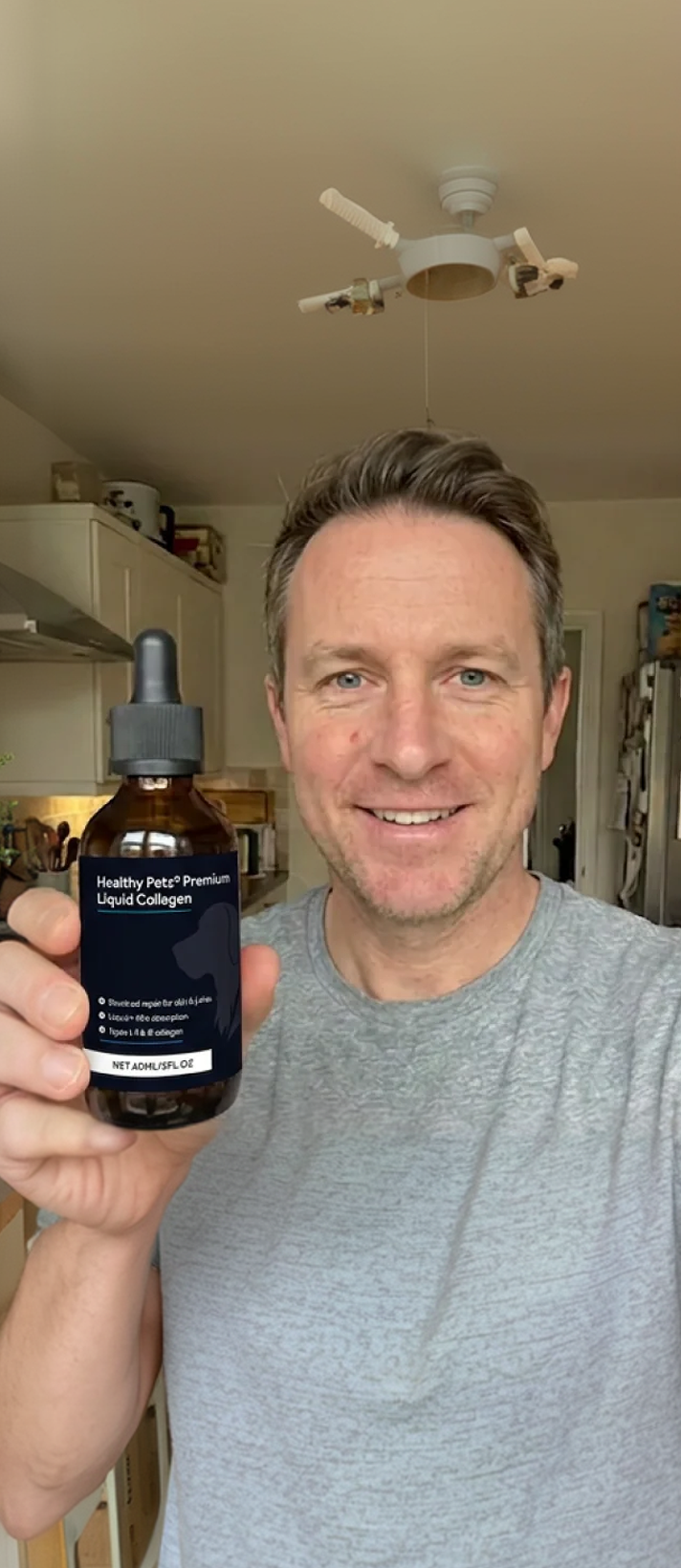 Man at home holding the liquid collagen bottle