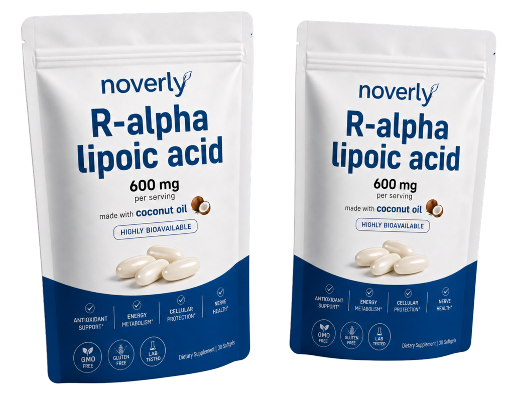 Two pouches of R-alpha lipoic acid 600 mg softgels on a dark background