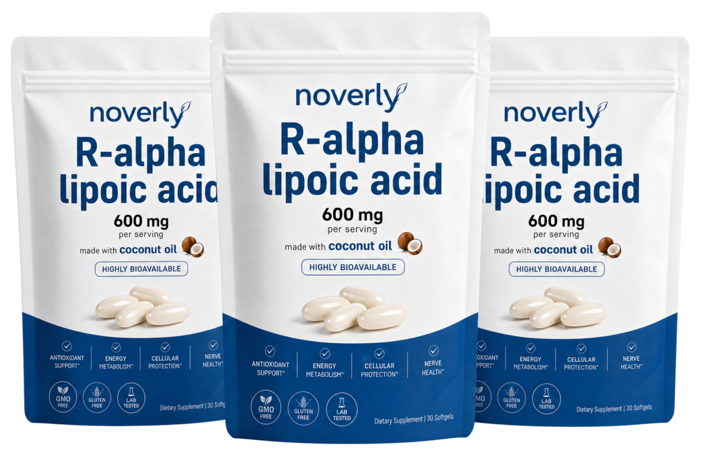 Three pouches of R-alpha lipoic acid softgels side by side