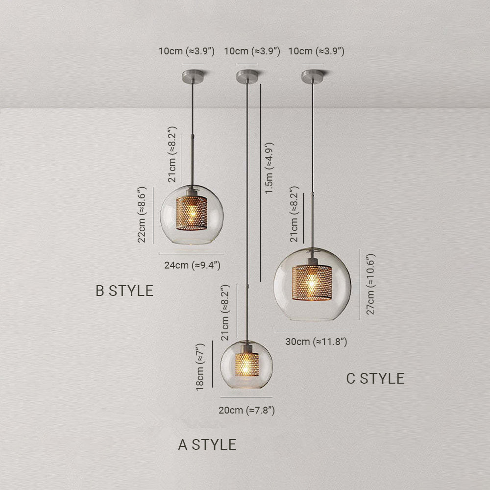Hessa Contemporary Golden Pendant Light — Glass Globe and Cylindric Shape