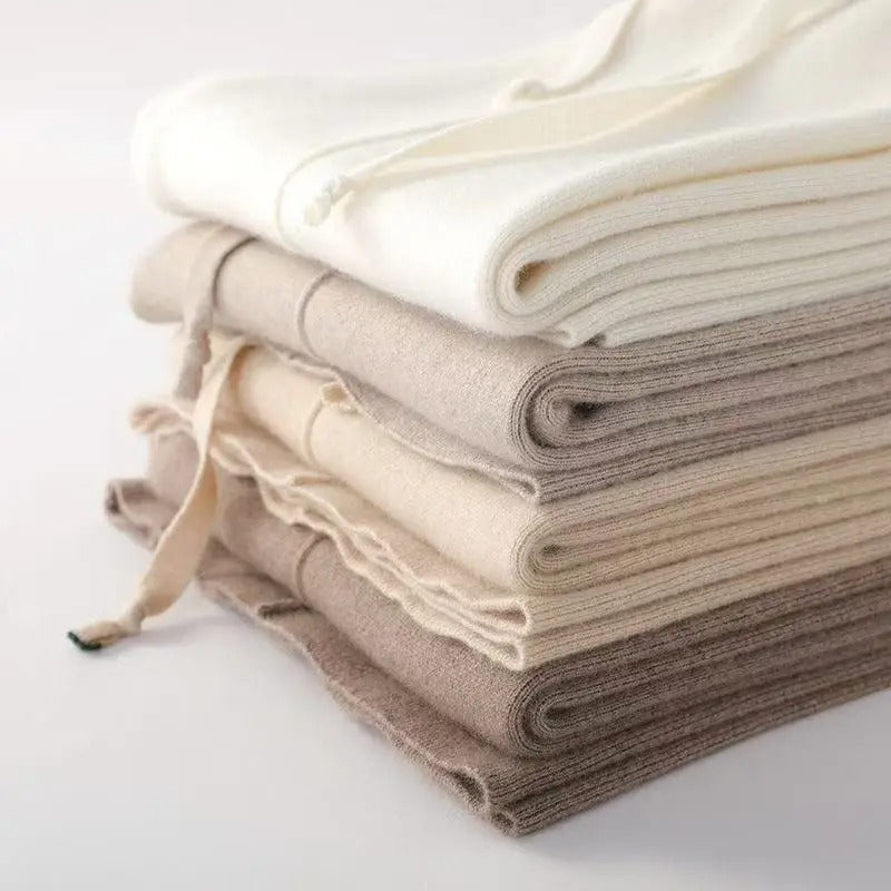 מכנסיים רחבים לנשים מתערובת צמר וקאשמיר עם מותן אלסטית