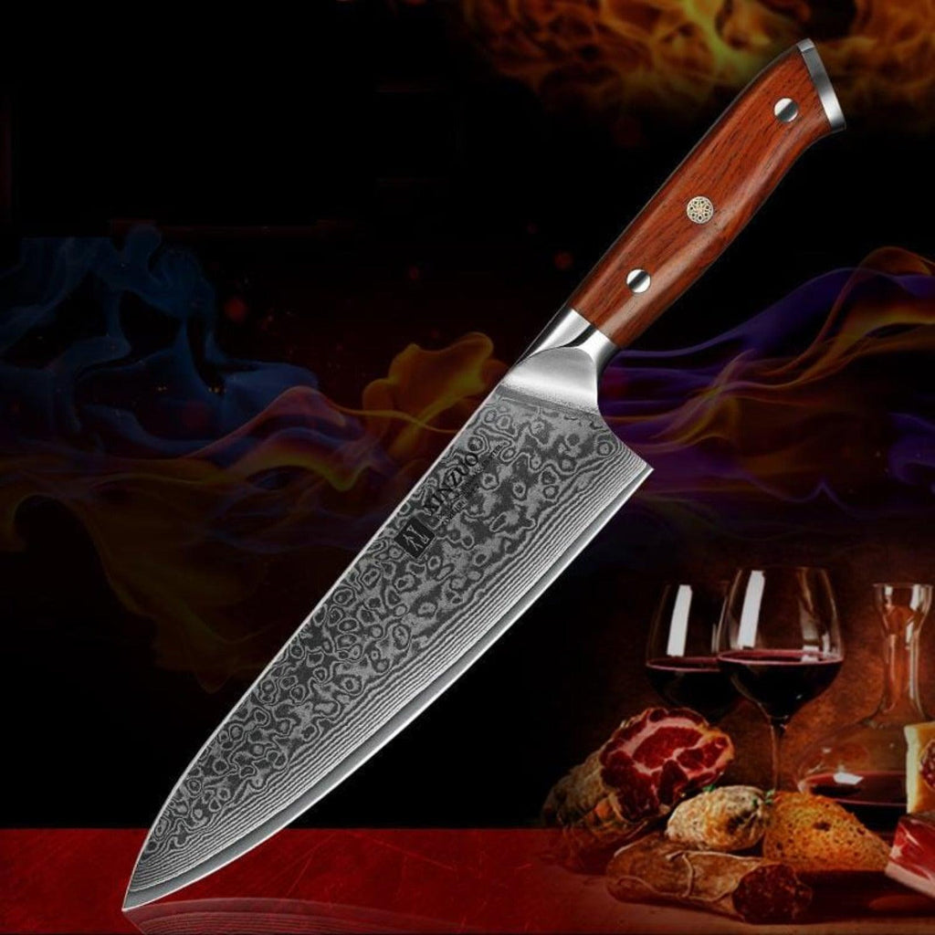 Premium kokkiveitsi vasaroitua VG-10 damaskiterästä ruusupuukahvalla