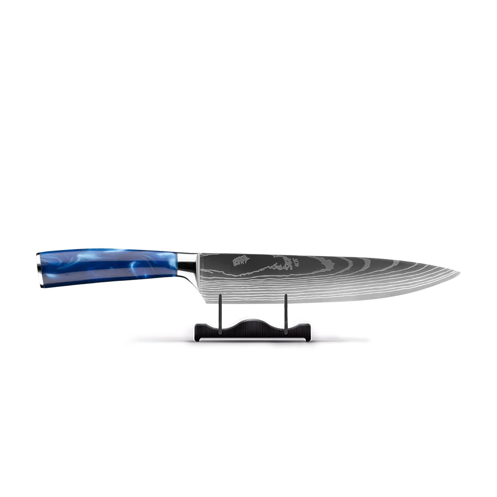 Damascus-Pattern Chef's Knife – 20 cm Blade, Blue Resin Handle, 60+ HRC