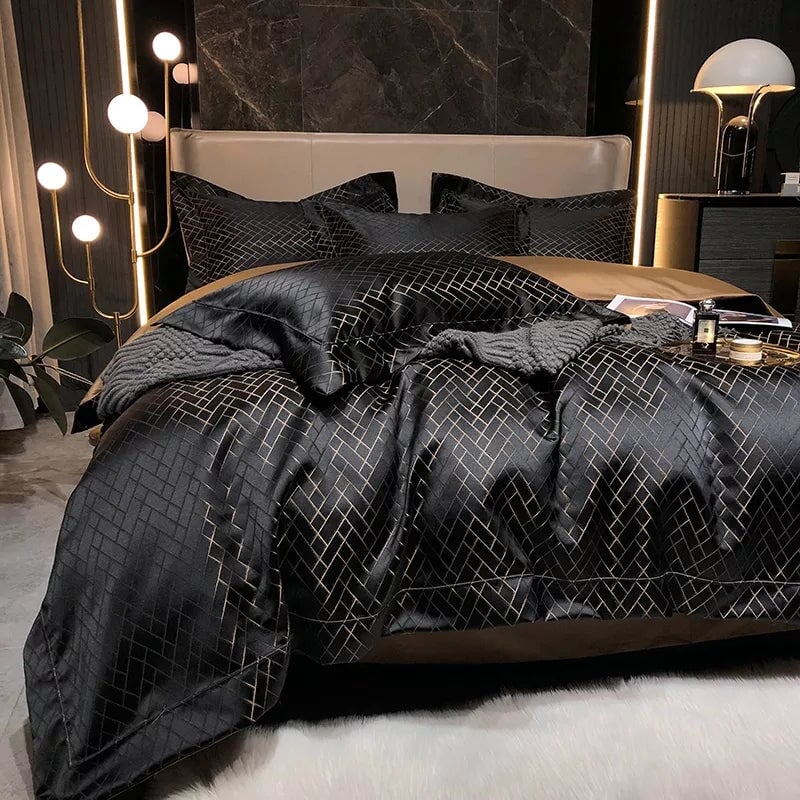 Set copripiumino di lusso in jacquard nero Jasmine