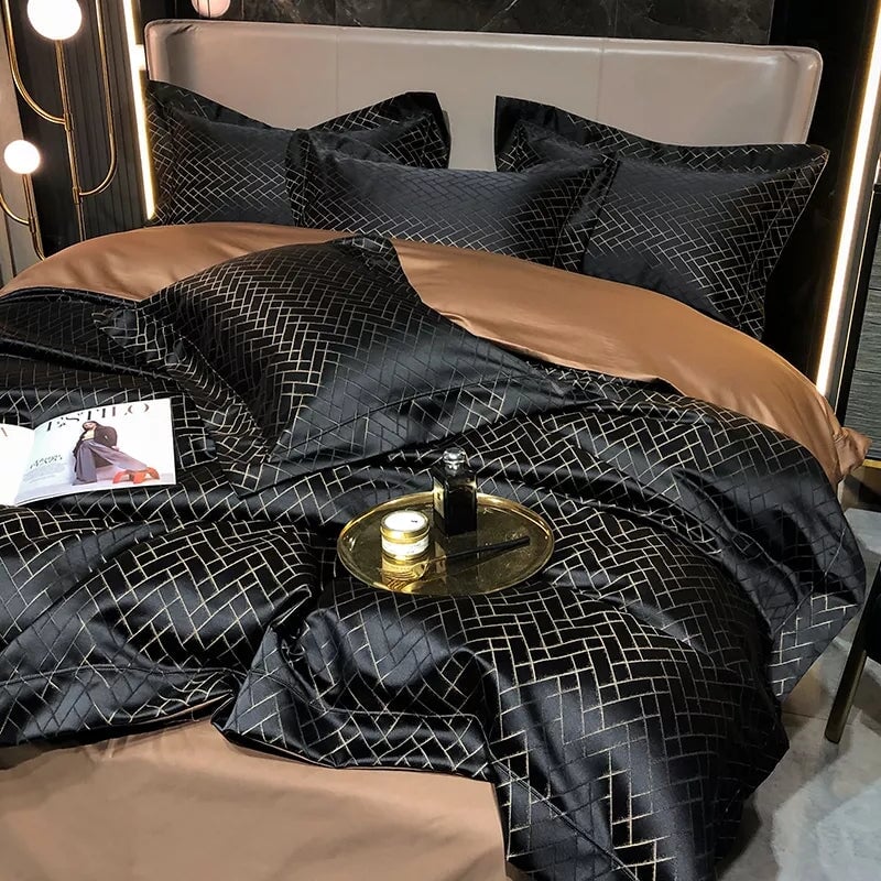 Set copripiumino di lusso in jacquard nero Jasmine