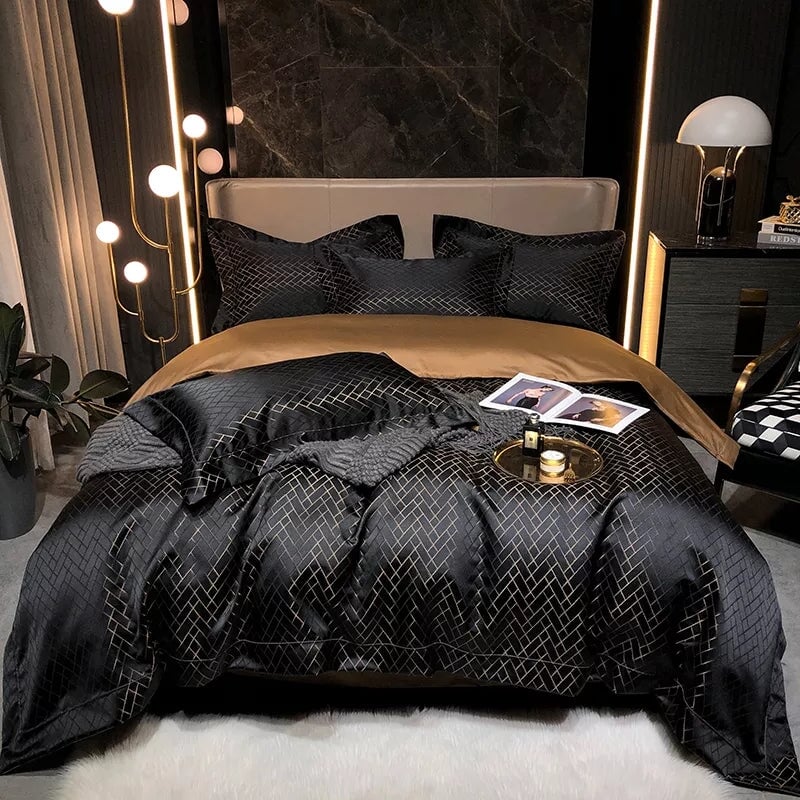 Set copripiumino di lusso in jacquard nero Jasmine