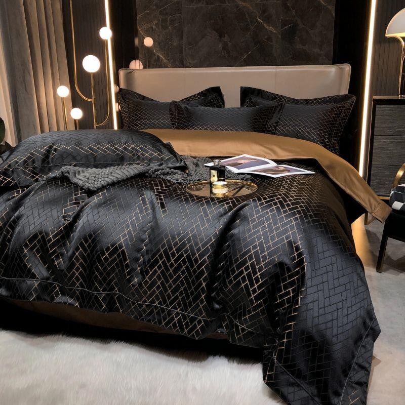 Set copripiumino di lusso in jacquard nero Jasmine