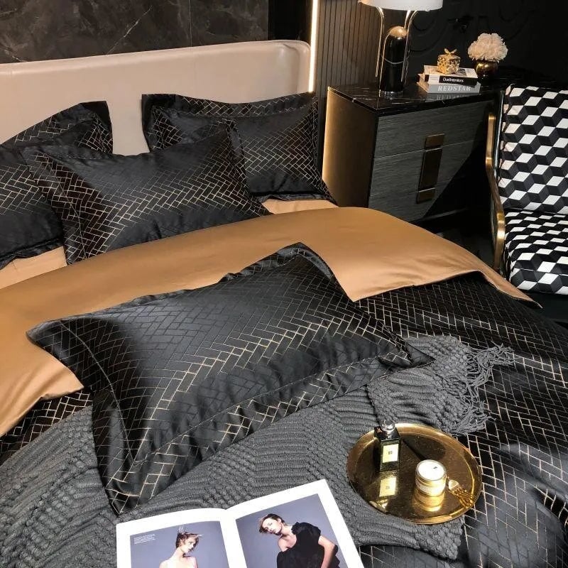 Set copripiumino di lusso in jacquard nero Jasmine