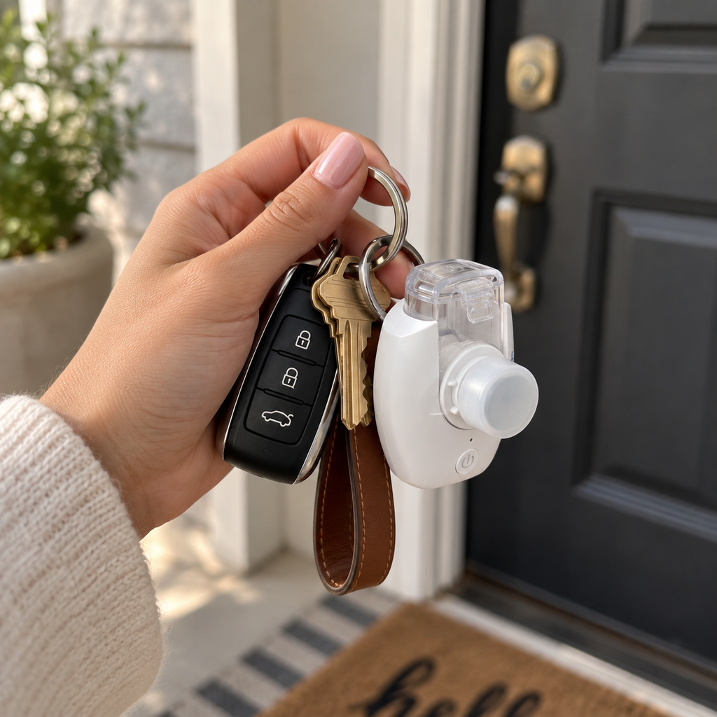 Nebulizer clipped onto a set of house and car keys at the front door