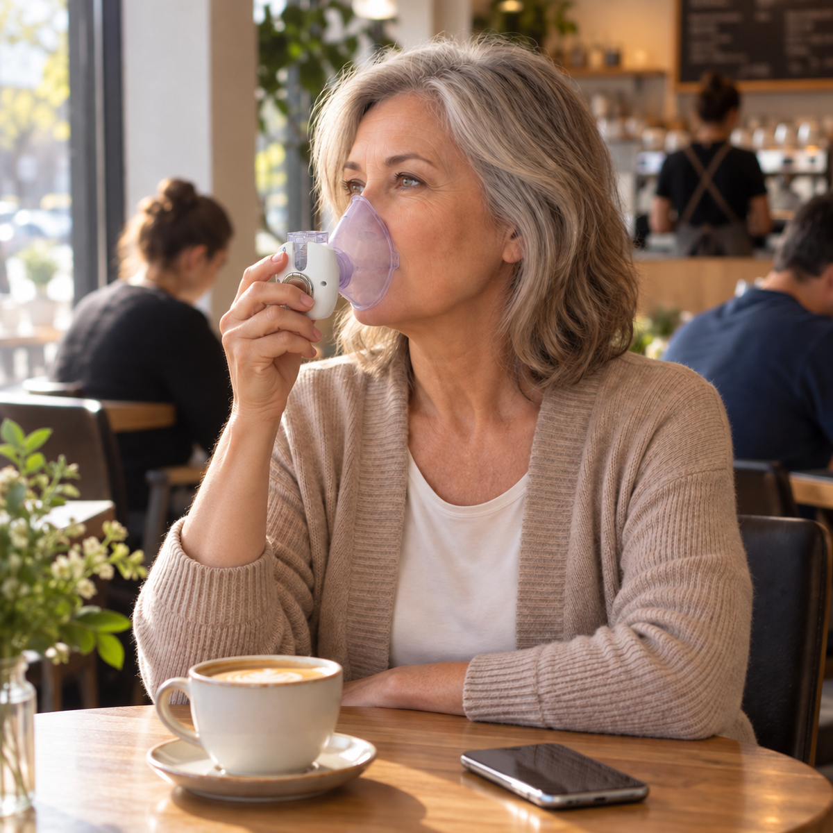 Woman in a café using the handheld nebulizer with a face mask