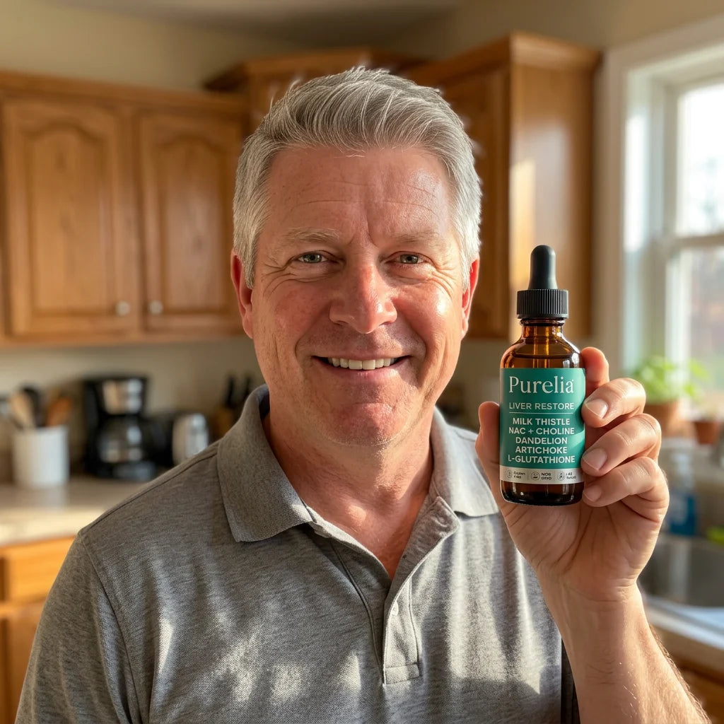 Man in his kitchen holding the dropper bottle