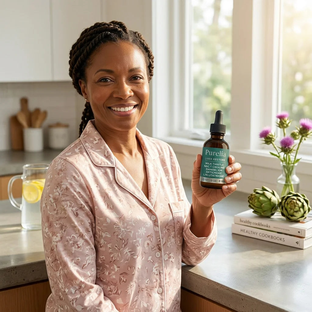 Woman holding the bottle in a bright kitchen