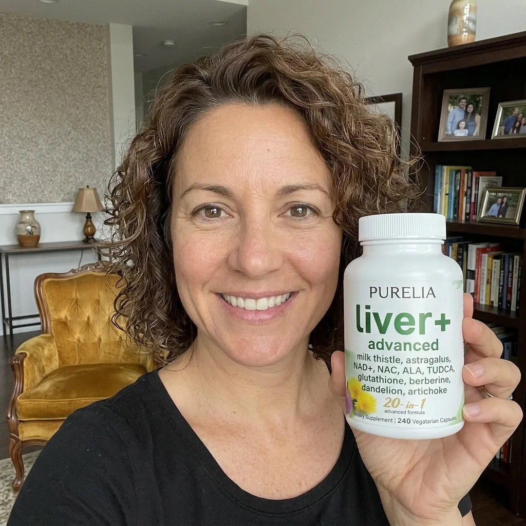 Smiling woman at home holding the supplement bottle