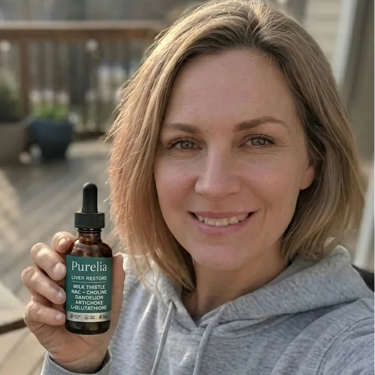 Smiling woman holding a bottle of liquid liver support drops
