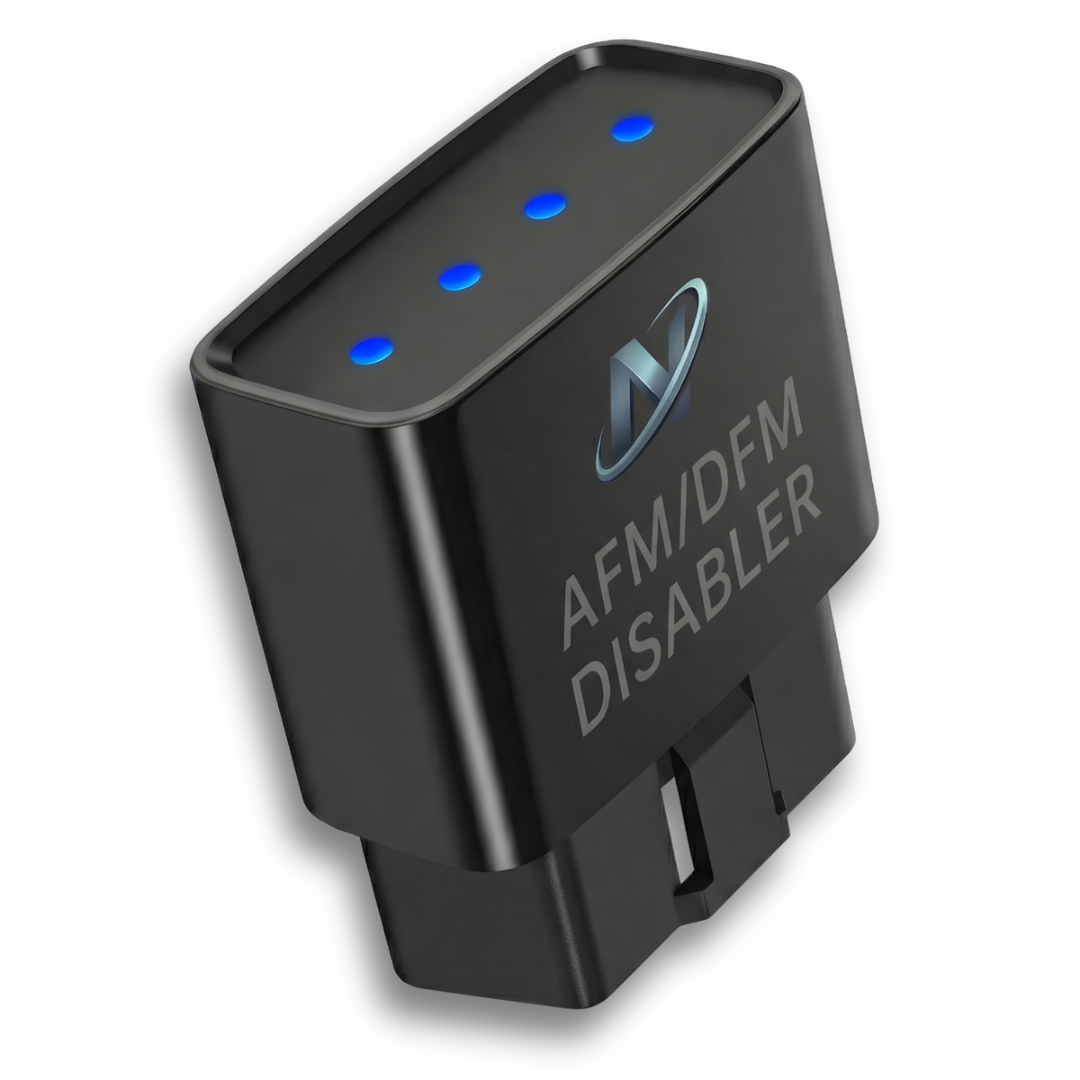 Black OBD-II cylinder deactivation disabler module with blue LEDs