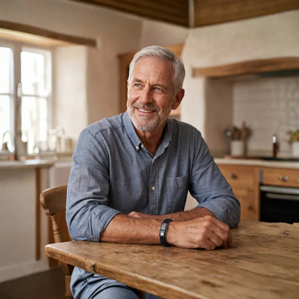 Smiling man at home wearing the medical alert bracelet