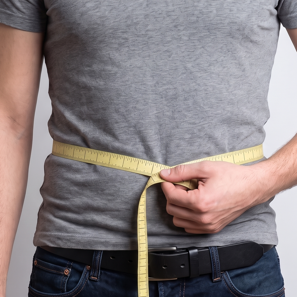 Man measuring his waist around the navel with a tape measure