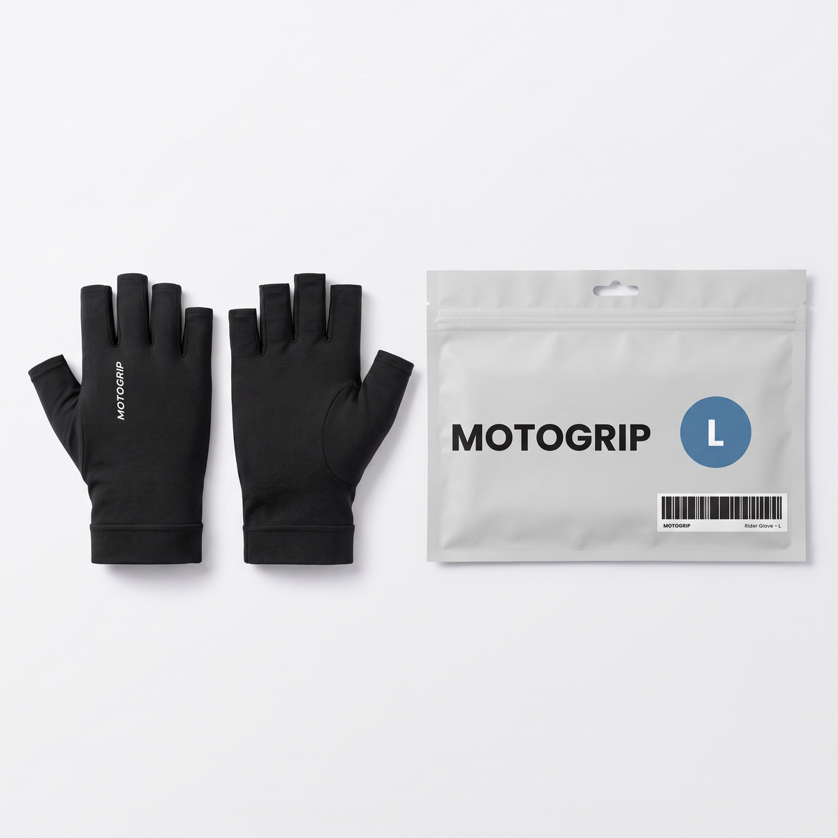 A pair of MotoGrip liners with the retail bag