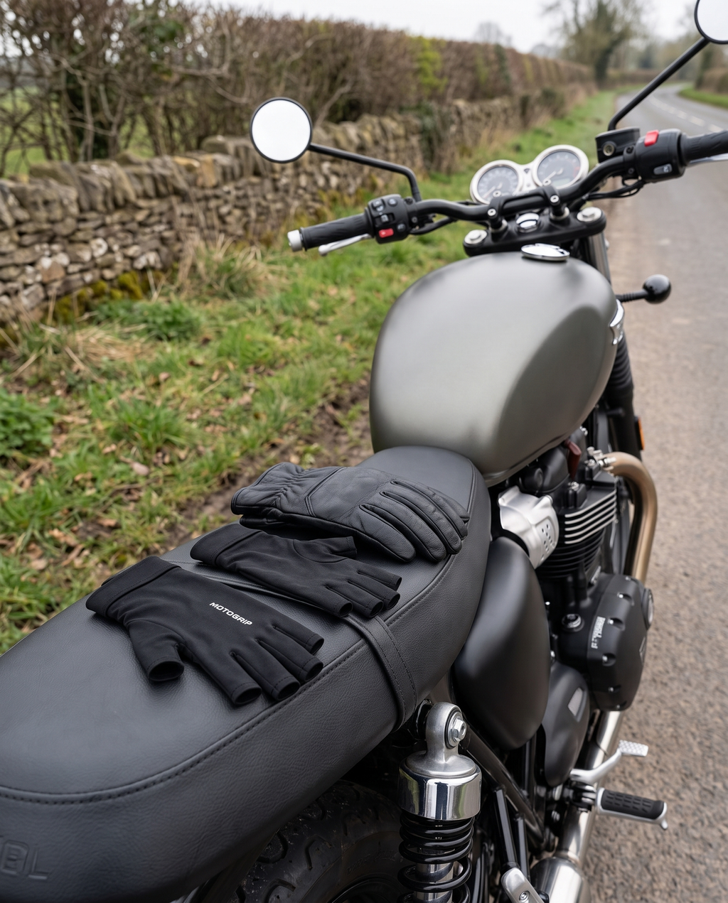 MotoGrip liners on a motorcycle seat next to riding gloves