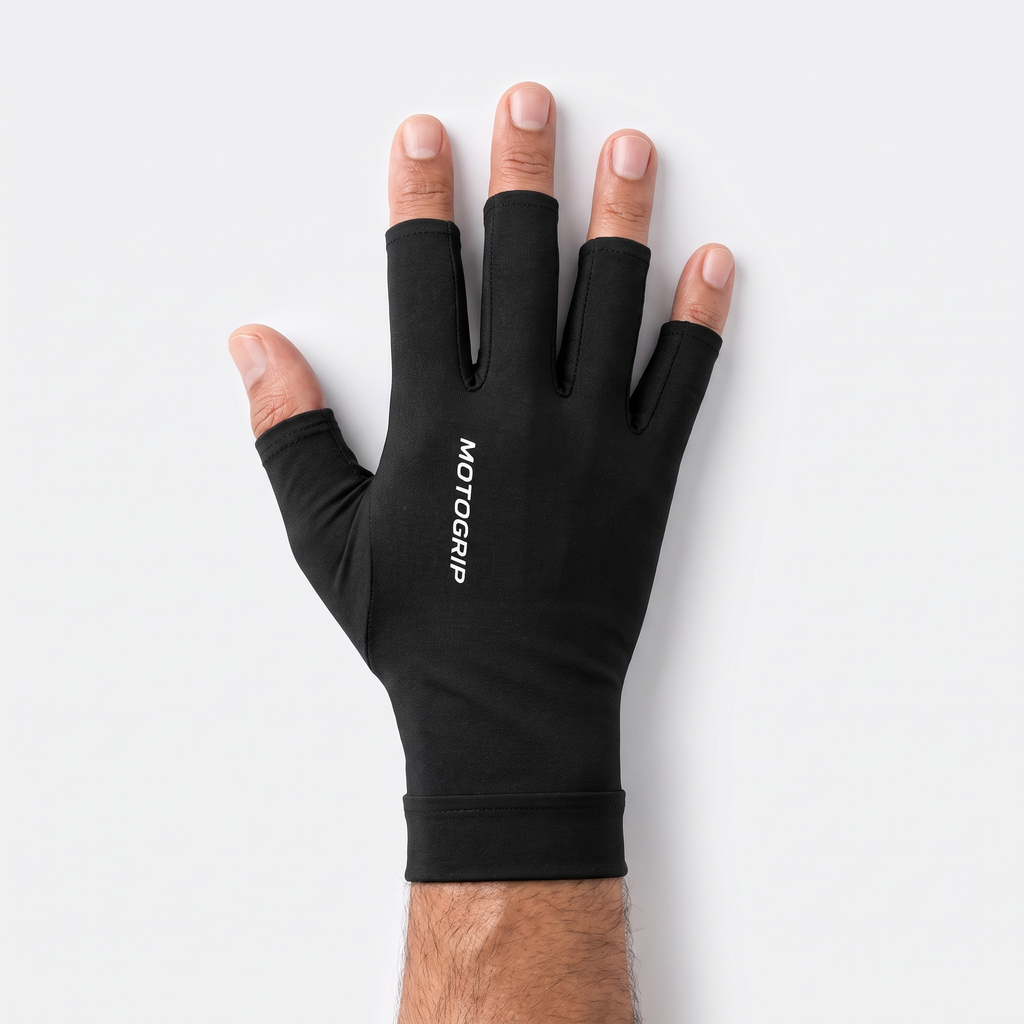 MotoGrip liner worn on the hand, fingertips open