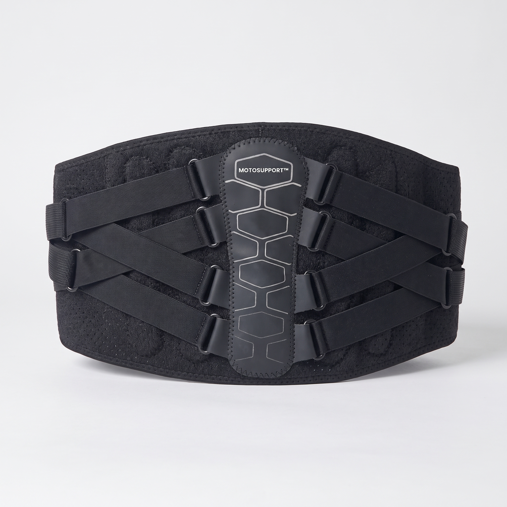 MotoSupport belt seen from the back, with its hexagon panel and criss-cross straps