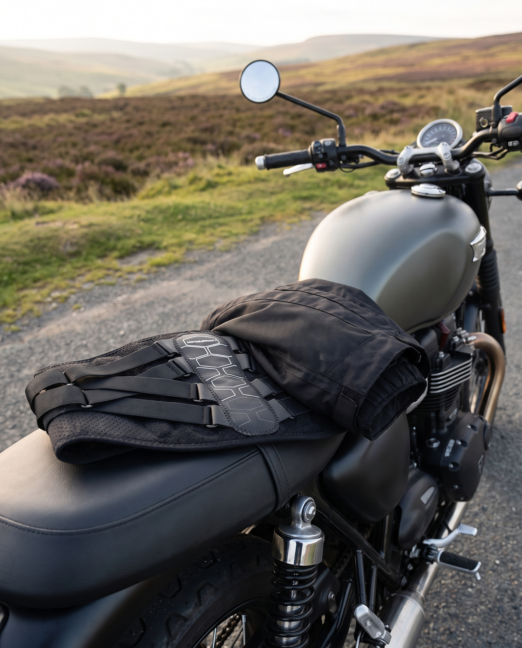 MotoSupport laid across a motorcycle seat beside a riding jacket