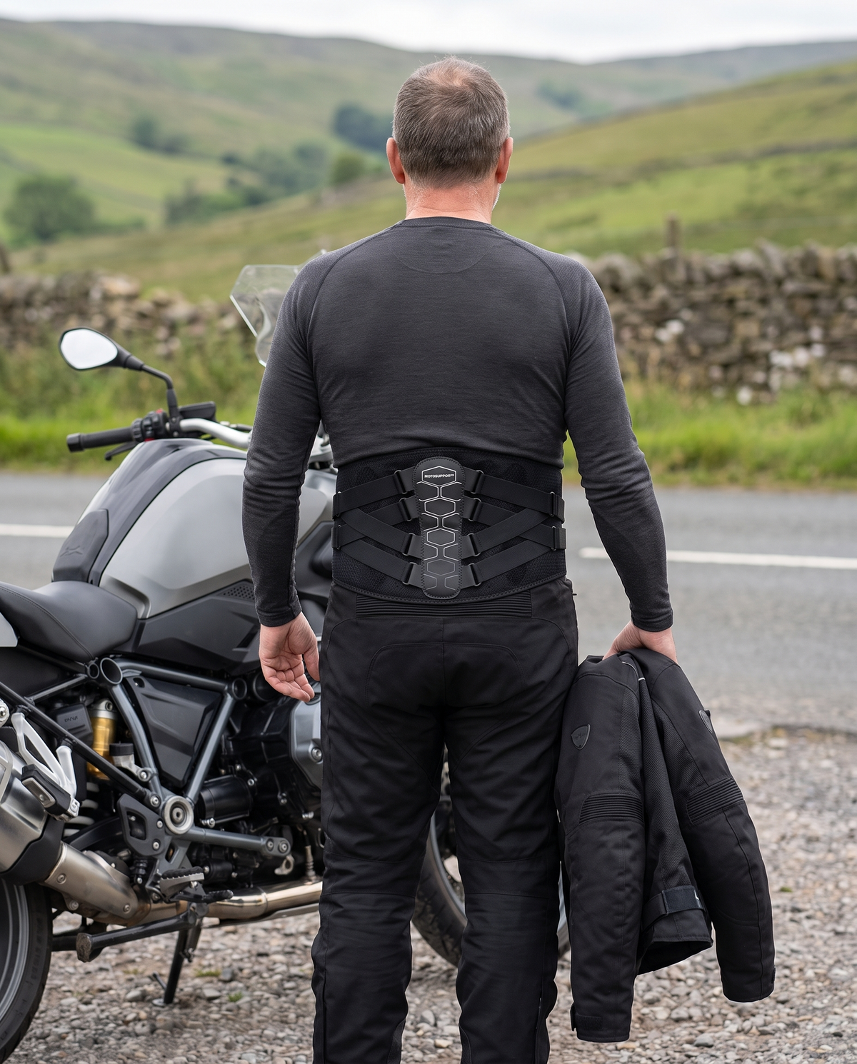 A rider wearing MotoSupport over a base layer, seen from behind, jacket in hand