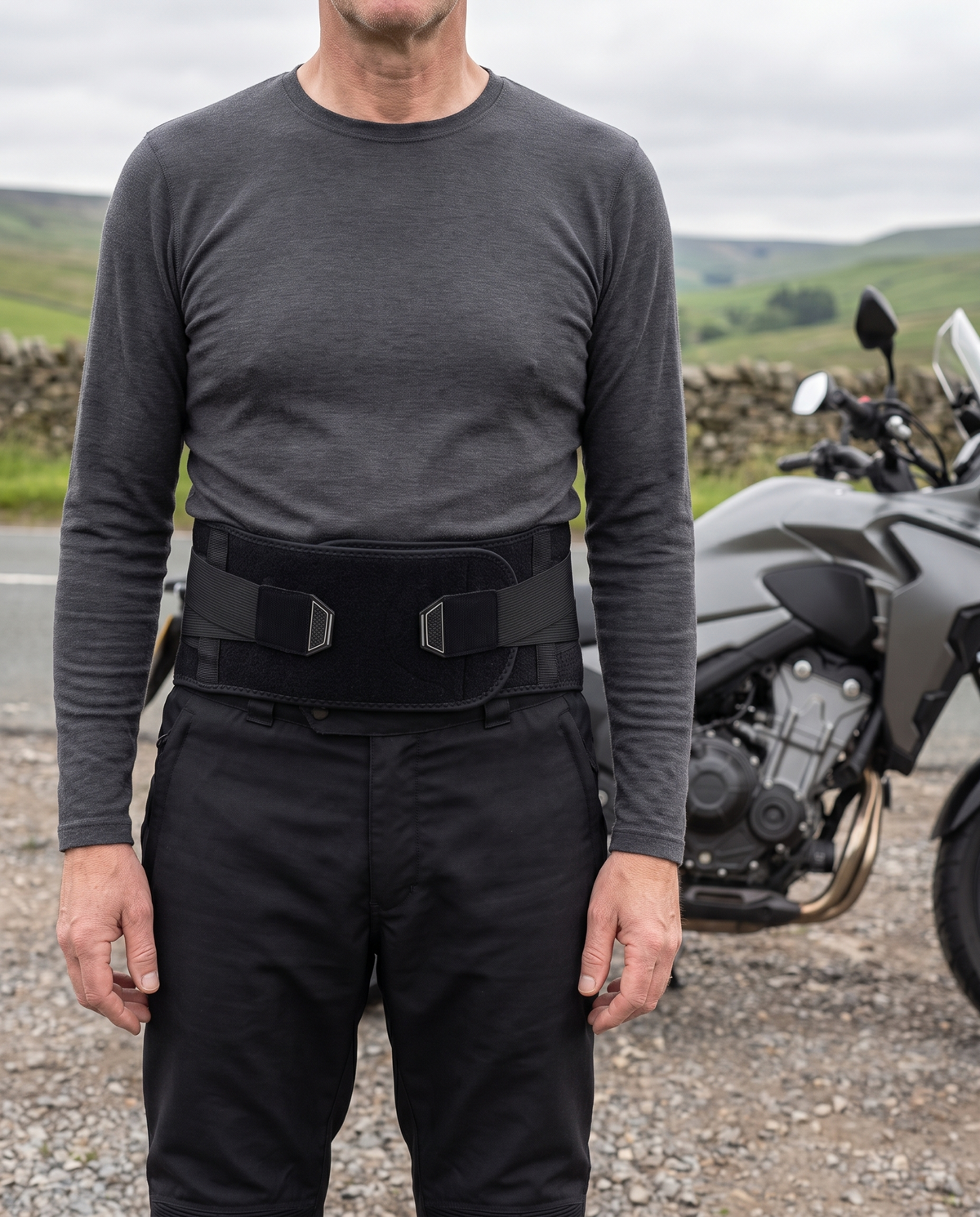 MotoSupport back support fastened at the front, worn over a base layer